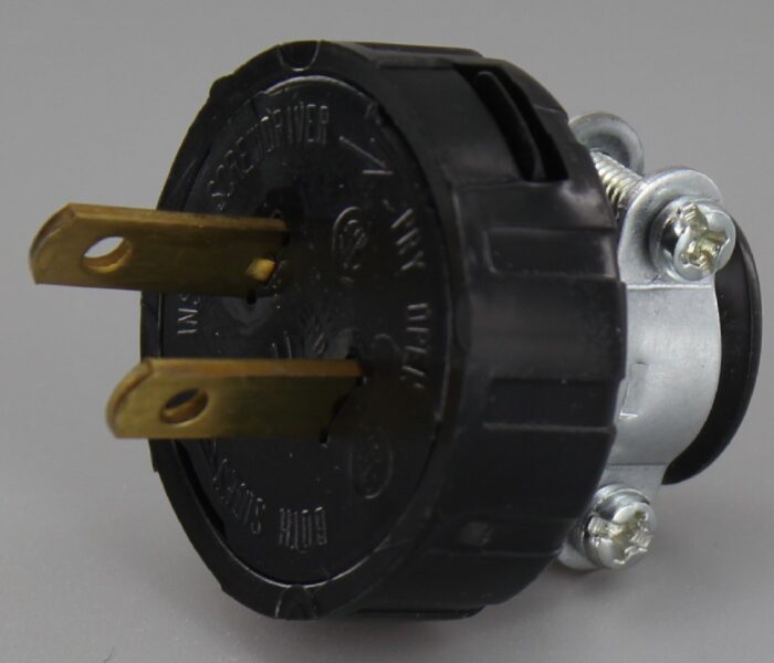 BLACK LAMP PLUG WITH SCREW TERMINALS AND CLAMP FOR 18/2 SVT AND SJT TYPE WIRE